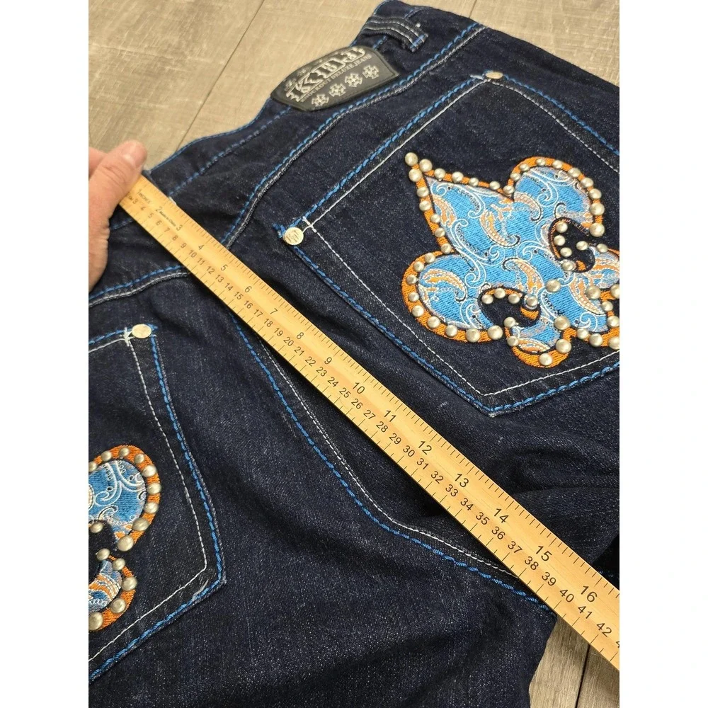 KDJ Knockout Deluxe Jeans Mens 40x34 Dark Wash Studded Embroidered Fleur De Lis